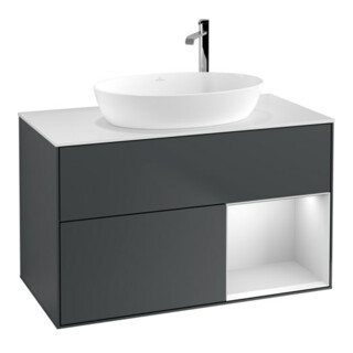 V&B Finion 100 Meuble sous lavabo Éclairage mural Pl blanc mat, Réglette blanche mat laquée, médium bleu mat laqué