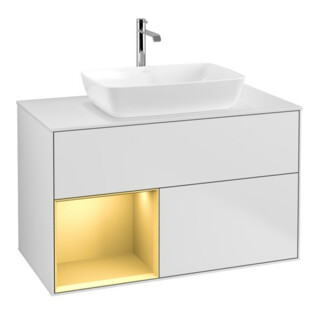 V&B Finion 100 Meuble sous lavabo éclairage mural Pl blanc mat, Réglette or mat Lac, blanc mat Lac