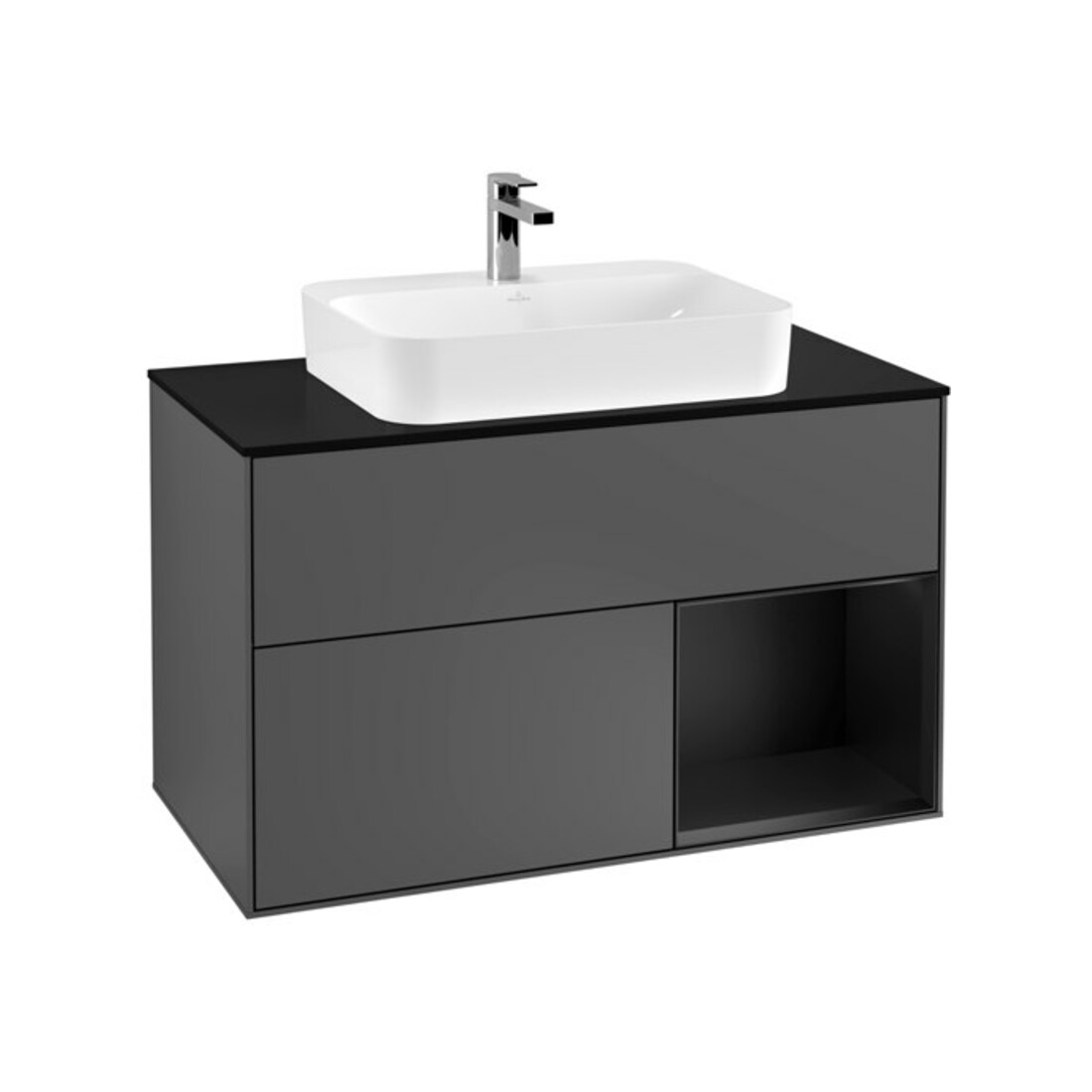 V&B Finion 100 Meuble sous lavabo Éclairage mural Pl blanc mat, Rg droite blanc mat Lac, Anthracite mat