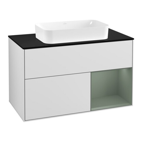 V&B Finion 100 Meuble sous lavabo Éclairage mural Pl blanc mat, Rg droite Oli. mat Lac, blanc mat Lac