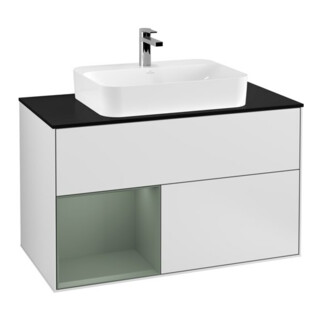 V&B Finion 100 Meuble sous lavabo Éclairage mural Pl blanc mat, Rg gauche Huile m Lac, blanc m Lac