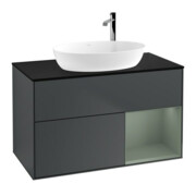 V&B Finion 100 Meuble sous lavabo Éclairage mural Pl blanc mat, Rg olivier mat laqué, avec bleu mat laqué