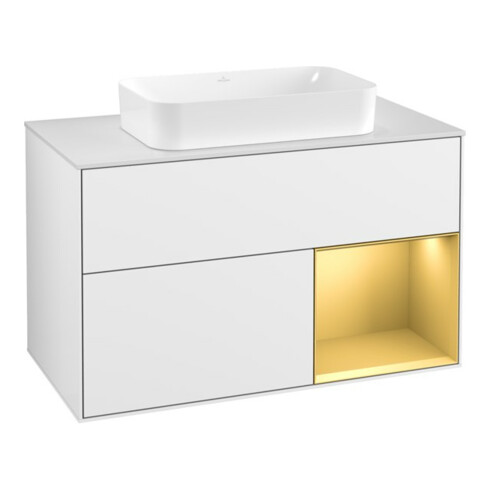 V&B Finion 100 Meuble sous lavabo éclairage mural Pl blanc, rég droite or mat, laque blanc brillant