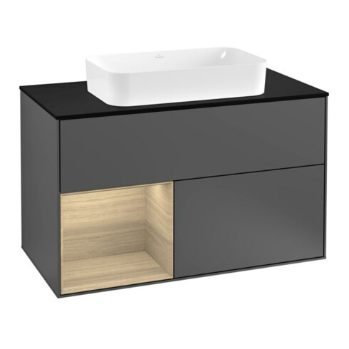 V&B Finion 100 Meuble sous lavabo, éclairage mural, Pl bleu m, étagère g, Anthracite m