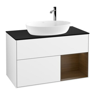 V&B Finion 100 Meuble sous lavabo Éclairage mural Pl bleu m, Reg noyer ven, blanc brillant Lac