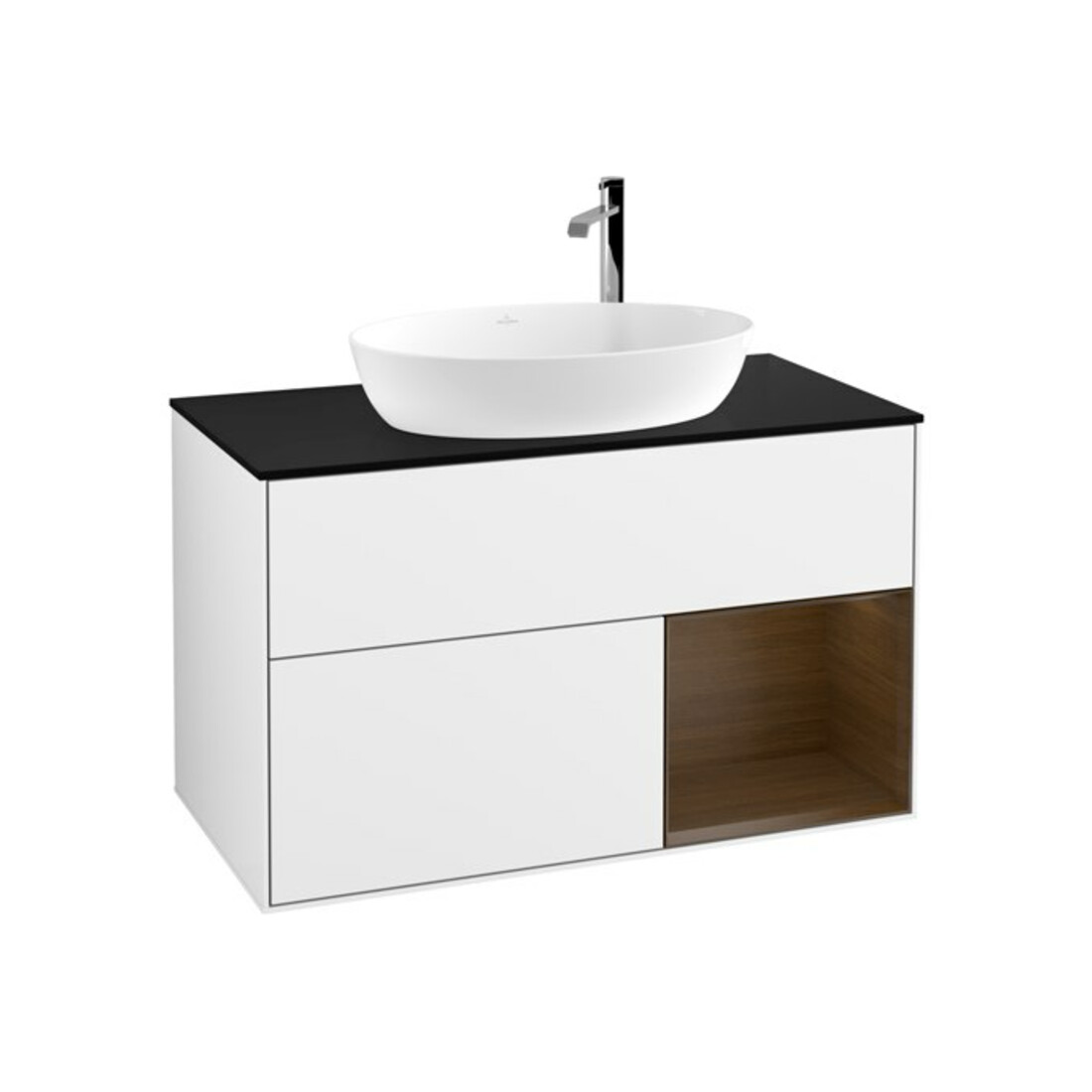 V&B Finion 100 Meuble sous lavabo Éclairage mural Pl bleu m, Reg noyer ven, blanc brillant Lac