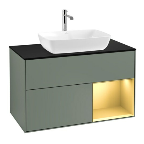 V&B Finion 100 Meuble sous lavabo Éclairage mural Pl bleu m, Reg or m laqué, Oli. m laqué