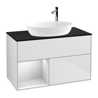 V&B Finion 100 Meuble sous lavabo Éclairage mural Pl bleu mat, étagère blanc mat laqué