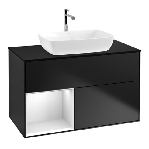 V&B Finion 100 Meuble sous lavabo Éclairage mural Pl bleu mat, étagère blanc mat laqué, bleu mat laqué