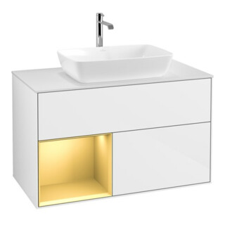 V&B Finion 100 Meuble sous lavabo Éclairage mural Pl w m, Reg gol m Lac, glo wh. Lac