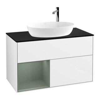 V&B Finion 100 meuble sous-lavabo éclairage mural, placage bois, régulateur huile, laqué blanc brillant