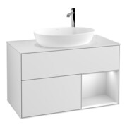 V&B Finion 100 Meuble sous lavabo Éclairage mural Plaque blanche mat, Tiroir blanc mat laqué, blanc mat laqué