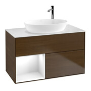 V&B Finion 100 Meuble sous lavabo Éclairage mural Plaque blanche, robinetterie globale blanche Lac, veinage noyer