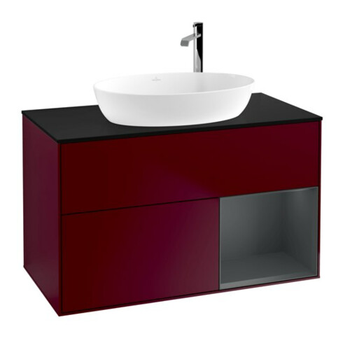 V&B Finion 100 Meuble sous lavabo Éclairage mural, plaque d'habillage bleue, tiroir médian avec laque, poignée métallique