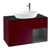 V&B Finion 100 Meuble sous lavabo Éclairage mural, plaque d'habillage bleue, tiroir médian avec laque, poignée métallique