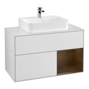 V&B Finion 100 Meuble sous lavabo mural, éclairage mural, blanc, placage noyer, blanc mat laqué