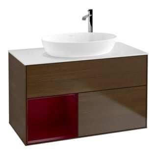 V&B Finion 100 Meuble sous lavabo murale Pl blanc avec réglette Peo m Lac, noyer veinée