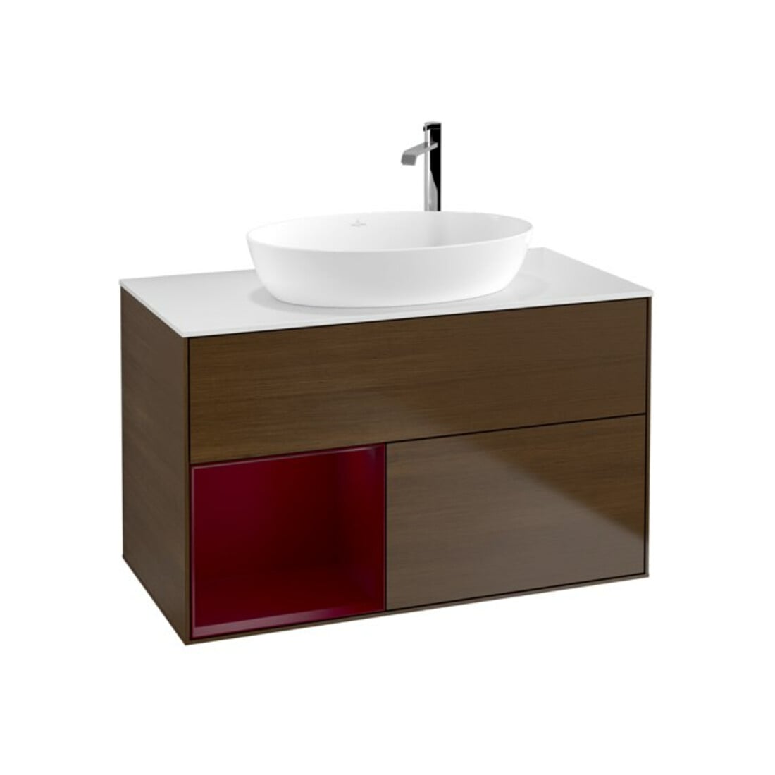 V&B Finion 100 Meuble sous lavabo murale Pl blanc avec réglette Peo m Lac, noyer veinée