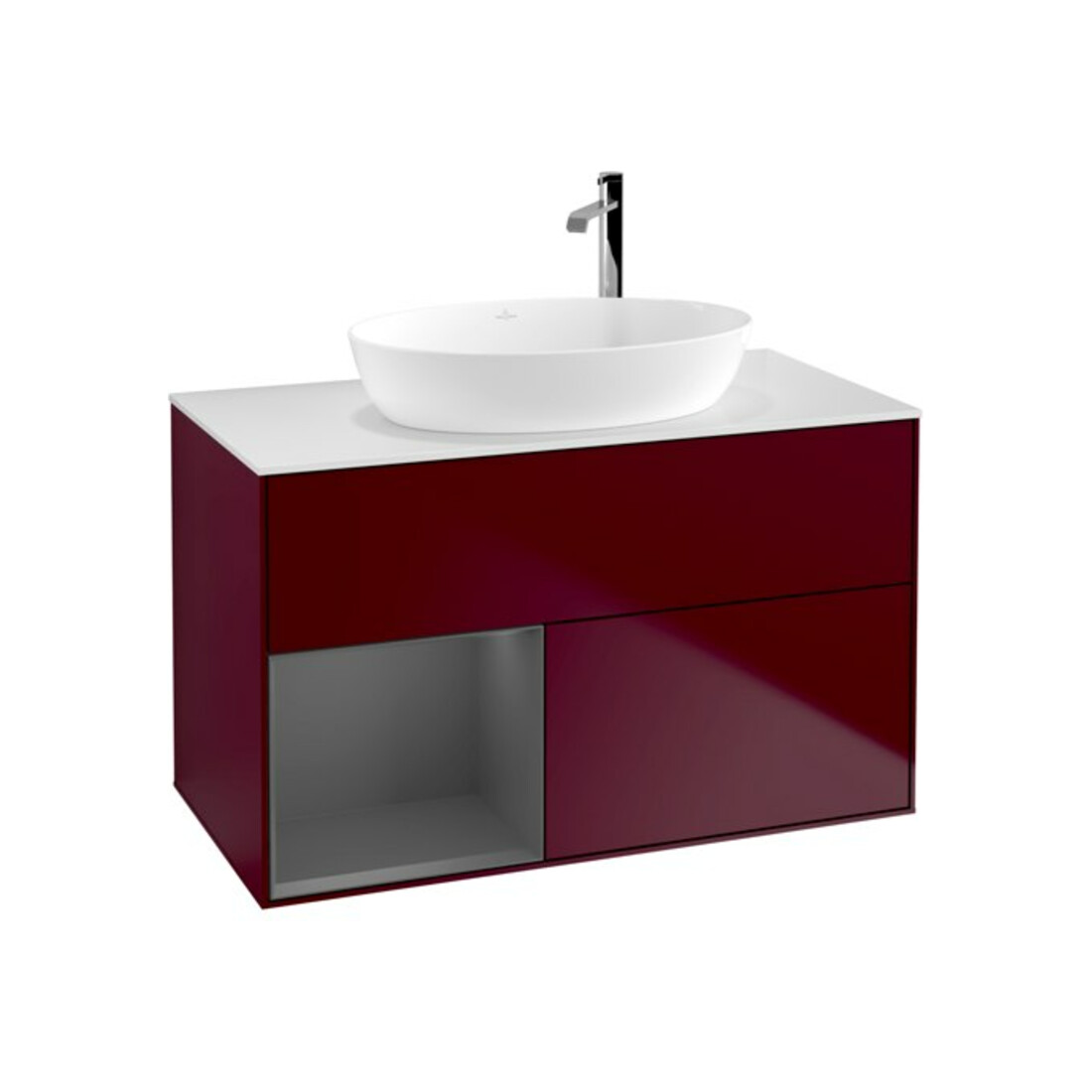 V&B Finion 100 Meuble sous lavabo Pl blanc avec éclairage mural, étagère anthracite laqué, poignée métal
