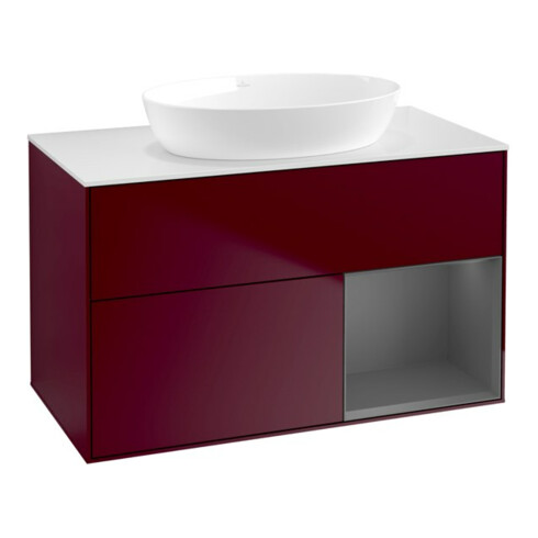 V&B Finion 100 Meuble sous lavabo Pl blanc avec éclairage mural, régulateur anthracite laqué, poignée m