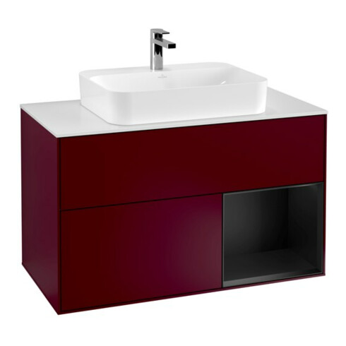 V&B Finion 100 Meuble sous lavabo Pl blanc avec éclairage mural, tiroir droite bleu avec laque, poignée métal