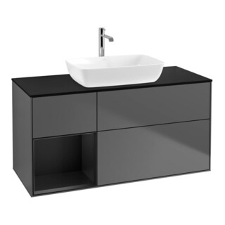 V&B Finion 120 cm Meuble sous-lavabo Éclairage mural, Anthracite m, Placage bois m, Tiroir bleu m