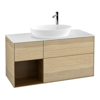 V&B Finion 120 cm Meuble sous-lavabo, éclairage mural, blanc brillant, placage noyer ven.
