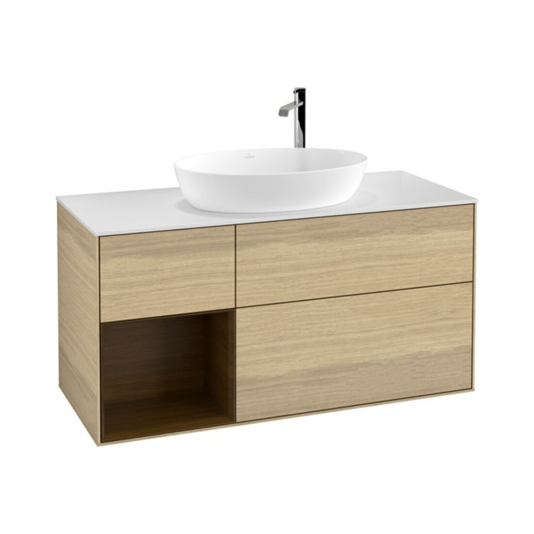 V&B Finion 120 cm Meuble sous-lavabo, éclairage mural, blanc brillant, placage noyer ven.
