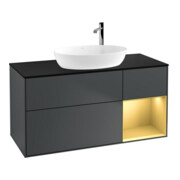 V&B Finion 120 cm Meuble sous lavabo Éclairage mural, blanc mat, gris moyen laqué, bleu moyen laqué