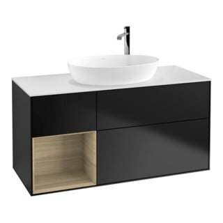 V&B Finion 120 cm Meuble sous lavabo, éclairage mural, blanc mat, régulateur Oa ven, bleu mat Lac