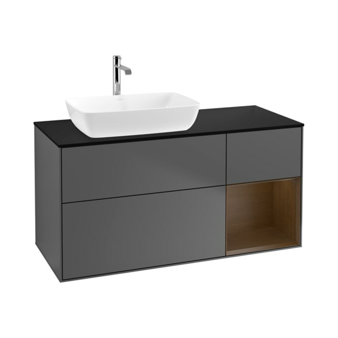 V&B Finion 120 cm Meuble sous lavabo, éclairage mural, placage bouleau, anthracite