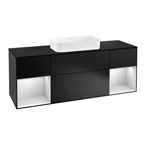 V&B Finion 160 cm Meuble sous lavabo Éclairage mural, placage blanc mat, laqué blanc, bleu laqué