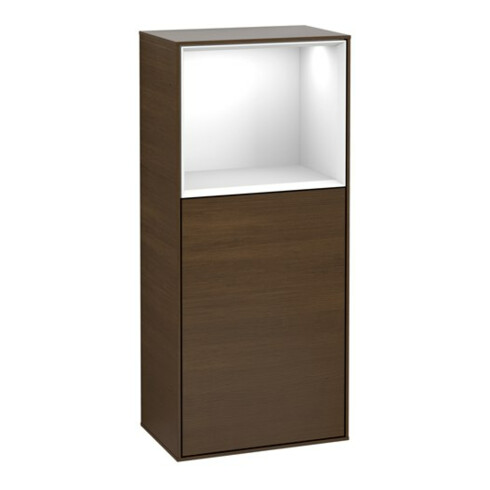 V&B Finion Armoire latérale Éclairage mural 41,8x93,6 cm, gauche, étagère sup. blanc brillant, placage noyer