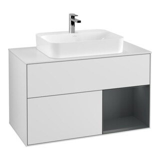 V&B Finion Meuble sous lavabo 100, blanc mat, poignée rouge mat, laqué blanc