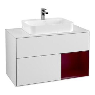 V&B Finion Meuble sous lavabo 100 cm, blanc brillant, éclairage mural, tiroir droit, blanc laqué
