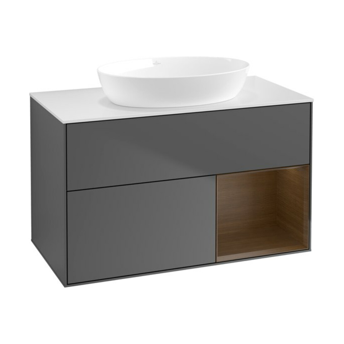 V&B Finion Meuble sous-lavabo 100 cm, blanc brillant, étagère en noyer, anthracite mat, éclairage mural