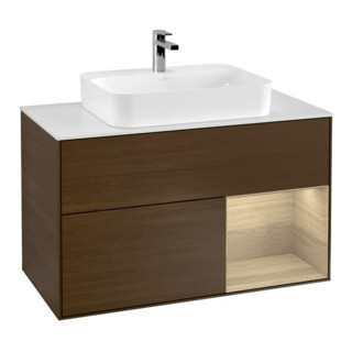 V&B Finion Meuble sous lavabo 100 cm, blanc, éclairage mural, réglette droite, ven. wal