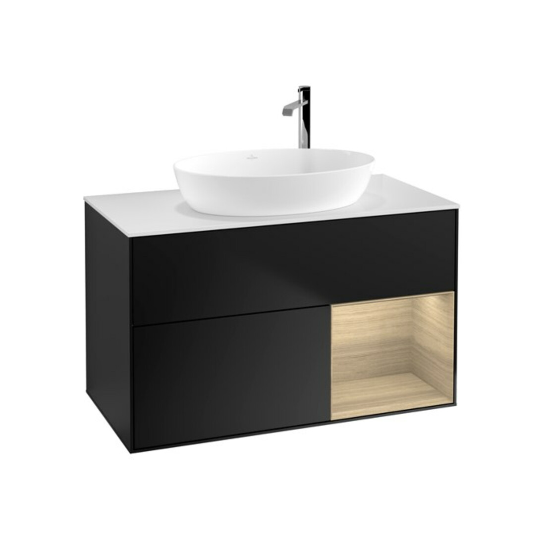 V&B Finion Meuble sous lavabo 100 cm, blanc, éclairage mural, réglette Oa ven, bleu mat Lac