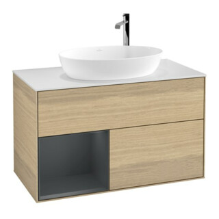 V&B Finion Meuble sous lavabo 100 cm, blanc mat, avec éclairage mural, réglette médium, placage chêne ven