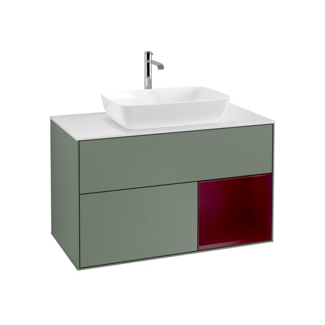 V&B Finion Meuble sous lavabo 100 cm, blanc mat, avec éclairage mural, tiroir avec laque, poignée avec laque