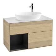 V&B Finion Meuble sous-lavabo 100 cm, blanc mat, éclairage mural, réglette bleue mat, poignée en laiton-1