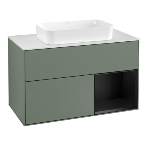 V&B Finion Meuble sous lavabo 100 cm, blanc mat, poignée droite bleue mate laquée, olivier mat laqué