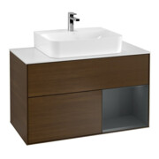 V&B Finion Meuble sous-lavabo 100 cm, blanc mat, poignée droite, éclairage mural, placage noyer ven-1