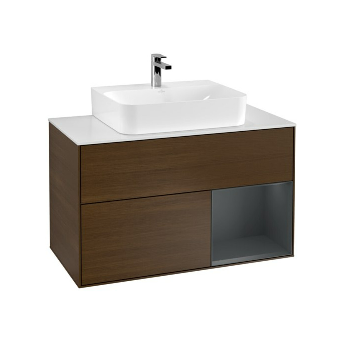 V&B Finion Meuble sous-lavabo 100 cm, blanc mat, poignée droite, éclairage mural, placage noyer ven