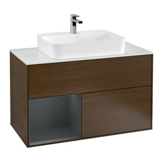 V&B Finion Meuble sous-lavabo 100 cm, blanc mat, porte gauche, avec éclairage mural, laqué, noyer veinée