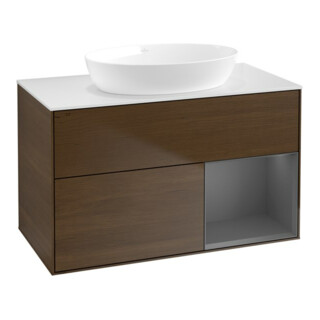V&B Finion Meuble sous lavabo 100 cm, blanc mat, réglette anthracite avec laque, veinage bois