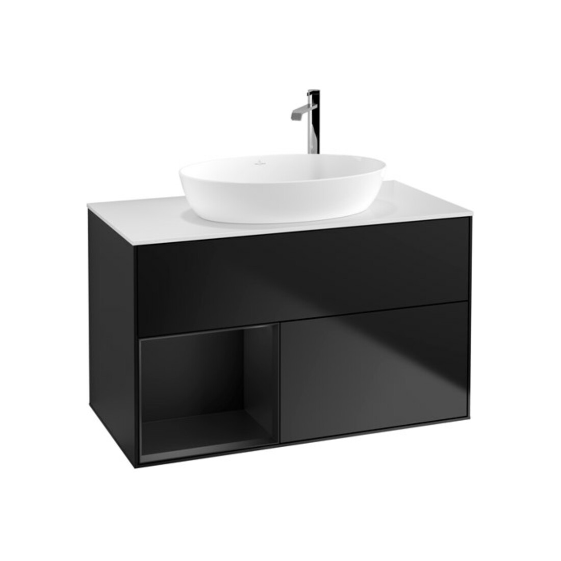 V&B Finion Meuble sous lavabo 100 cm, blanc mat, tiroir bleu mat laqué