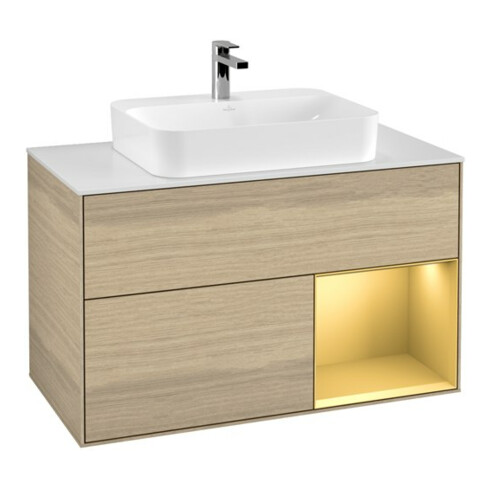 V&B Finion Meuble sous lavabo 100 cm, blanc, réglette droite or, Oa ven
