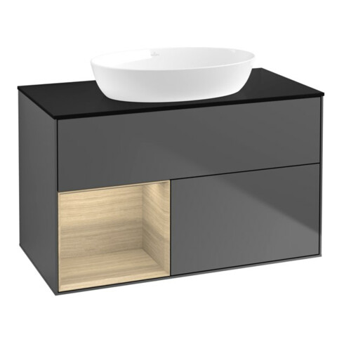 V&B Finion Meuble sous lavabo 100 cm, bleu clair, étagère ouverte, anthracite mat