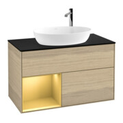 V&B Finion Meuble sous lavabo 100 cm, bleu, étagère dorée, éclairage mural